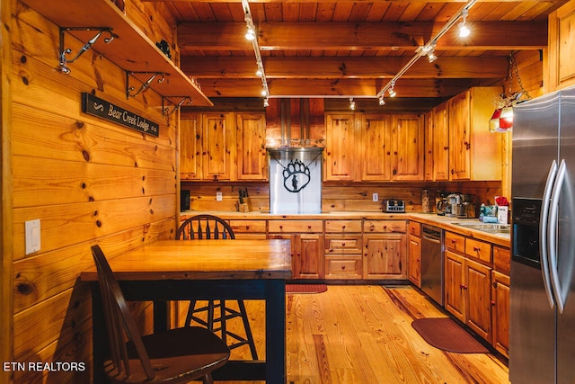 kitchen with stainless steel appliances, light wood-type flooring, wooden ceiling, beamed ceiling, and wood walls