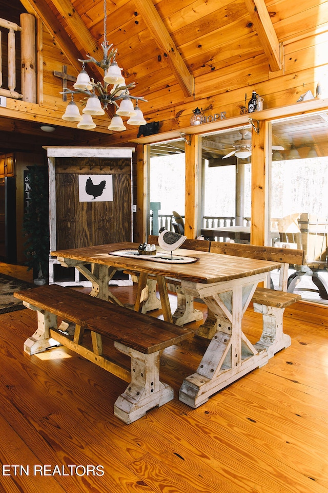 dining room featuring wood ceiling, wooden walls, a notable chandelier, wood-type flooring, and lofted ceiling with beams