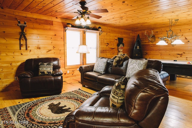 living room featuring wood ceiling, light hardwood / wood-style flooring, wooden walls, and ceiling fan