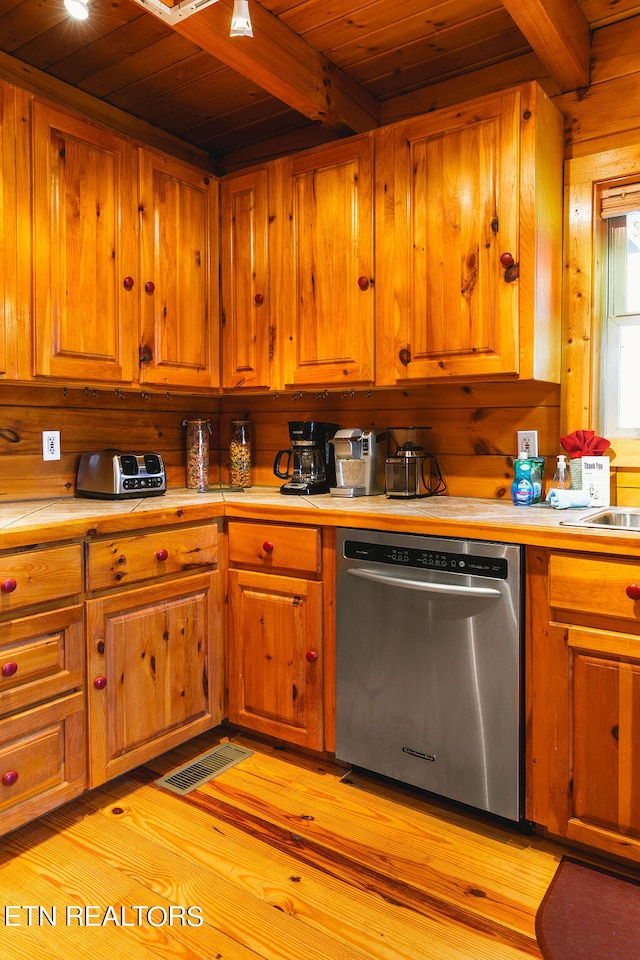 kitchen with wood walls, wood ceiling, light hardwood / wood-style flooring, dishwasher, and beam ceiling