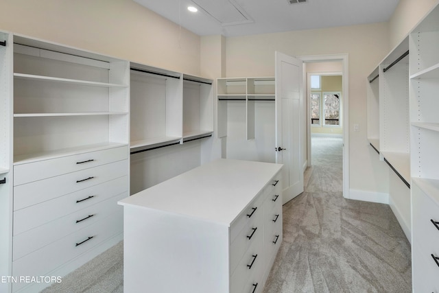 walk in closet with light colored carpet