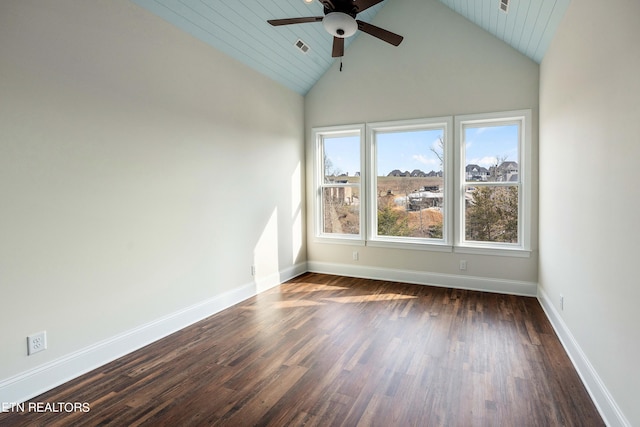 spare room with ceiling fan, high vaulted ceiling, and dark hardwood / wood-style flooring