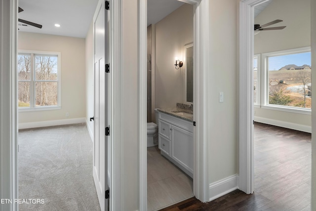 hallway featuring dark colored carpet and a healthy amount of sunlight