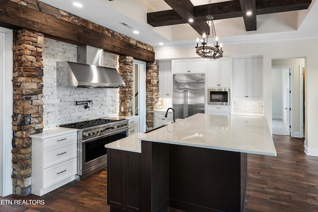 kitchen with an island with sink, built in appliances, hanging light fixtures, wall chimney range hood, and tasteful backsplash