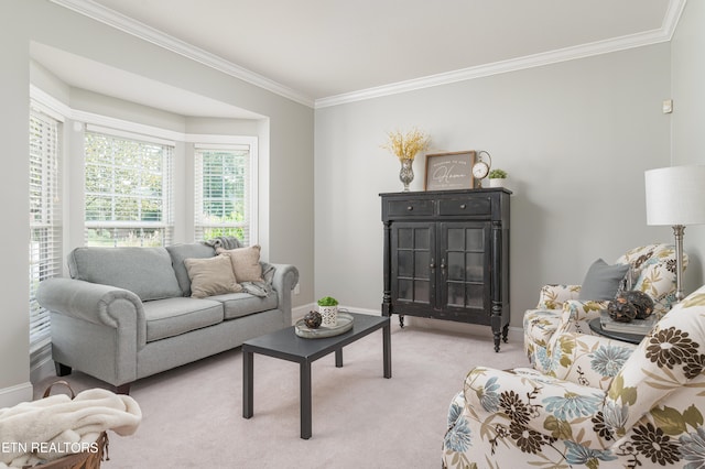 carpeted living room featuring ornamental molding