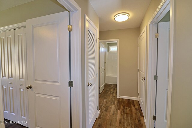 hallway with dark wood-type flooring