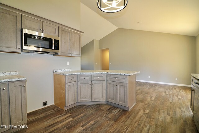 kitchen featuring dark hardwood / wood-style floors, lofted ceiling, and light stone counters