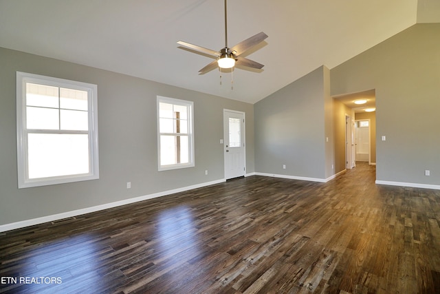 spare room featuring high vaulted ceiling, dark hardwood / wood-style floors, and ceiling fan