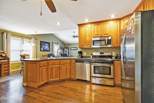 kitchen featuring appliances with stainless steel finishes, ceiling fan with notable chandelier, sink, kitchen peninsula, and dark hardwood / wood-style floors