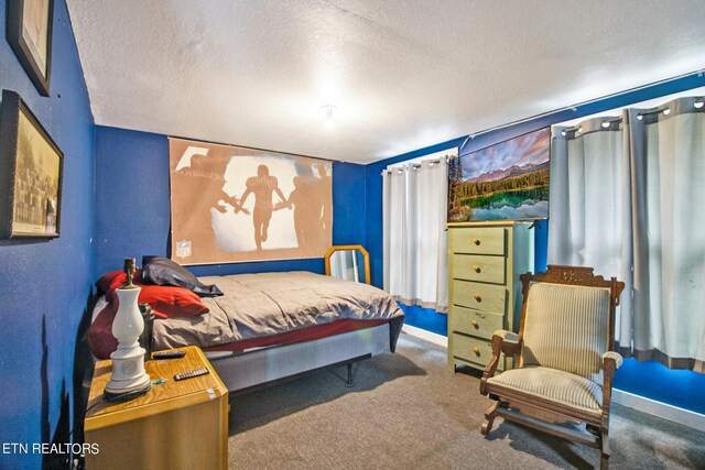 bedroom featuring carpet flooring and a textured ceiling