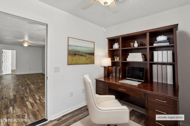 office space featuring a textured ceiling, dark hardwood / wood-style floors, and ceiling fan