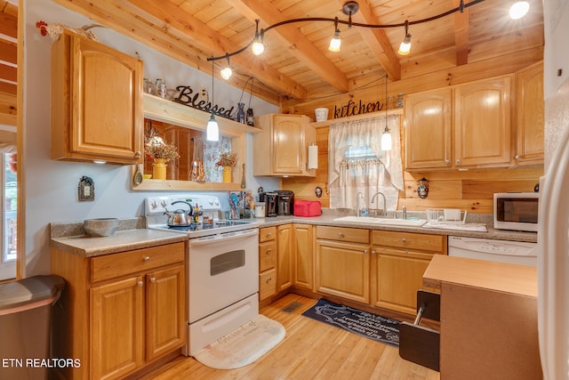 kitchen with beam ceiling, wood ceiling, white appliances, hanging light fixtures, and sink