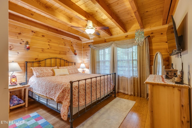 bedroom featuring wooden walls, wood ceiling, and wood-type flooring