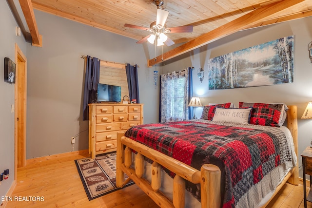 bedroom featuring wooden ceiling, ceiling fan, and light wood-type flooring