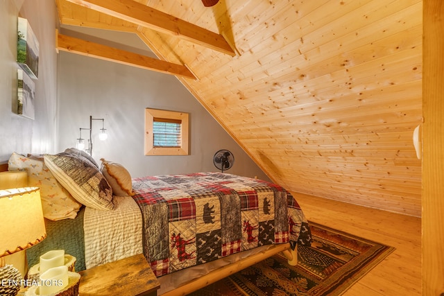 bedroom with hardwood / wood-style floors, wooden ceiling, and vaulted ceiling with beams