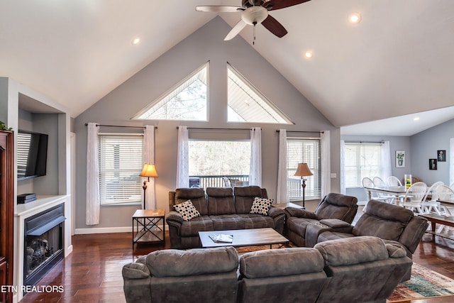 living room with dark wood-style floors, a fireplace, baseboards, and a wealth of natural light