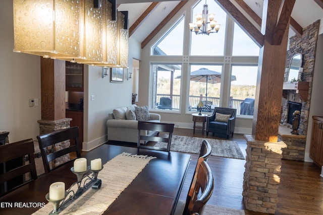 dining area featuring a notable chandelier, high vaulted ceiling, beamed ceiling, decorative columns, and dark hardwood / wood-style flooring