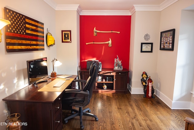 office featuring crown molding and dark hardwood / wood-style floors