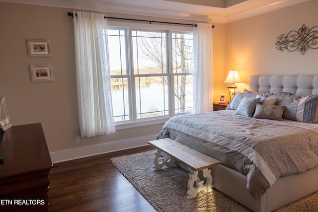 bedroom featuring crown molding and dark hardwood / wood-style floors