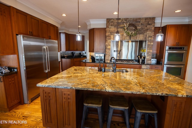 kitchen with light hardwood / wood-style flooring, pendant lighting, a kitchen island with sink, and appliances with stainless steel finishes