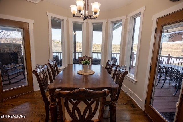 dining space featuring an inviting chandelier, dark wood-type flooring, and plenty of natural light