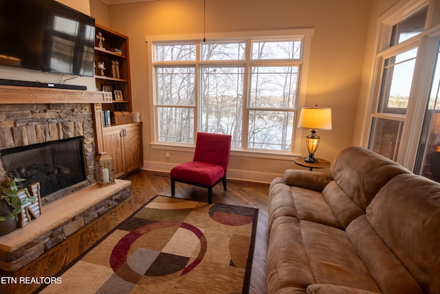 living room with a stone fireplace and dark hardwood / wood-style floors