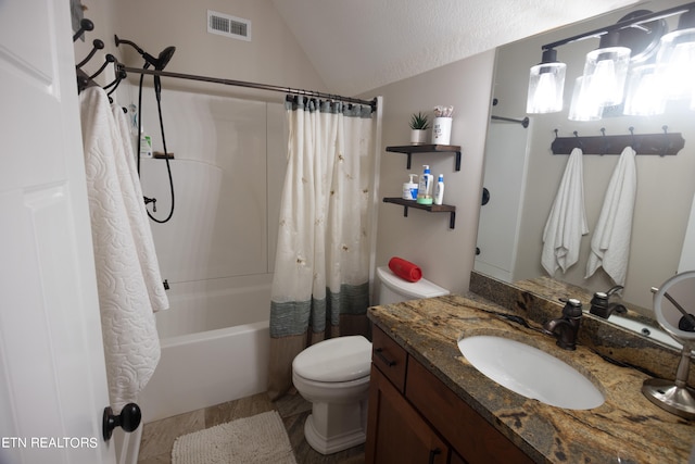 full bathroom featuring lofted ceiling, toilet, shower / bath combo, and oversized vanity