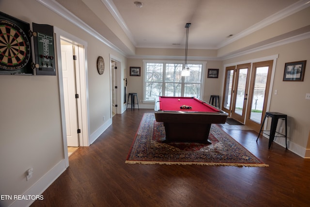 recreation room with french doors, dark wood-type flooring, pool table, and a healthy amount of sunlight