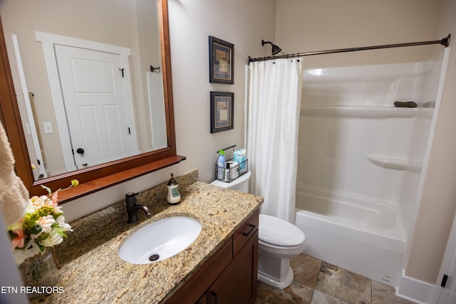 full bathroom featuring toilet, shower / tub combo with curtain, tile floors, and vanity