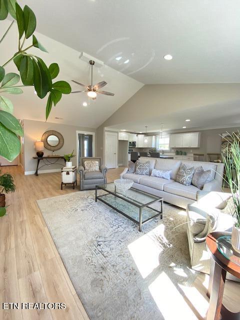 living room featuring light hardwood / wood-style floors, vaulted ceiling, and ceiling fan