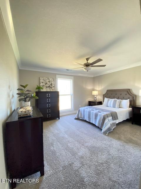 bedroom featuring carpet, ceiling fan, and crown molding