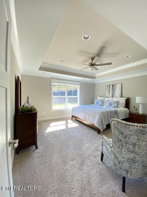 bedroom with carpet, ceiling fan, a raised ceiling, and crown molding