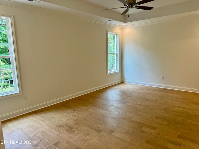 spare room with crown molding, ceiling fan, a healthy amount of sunlight, and light wood-type flooring