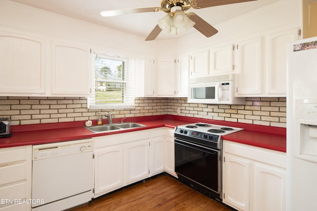 kitchen with white cabinets, ceiling fan, white appliances, and sink