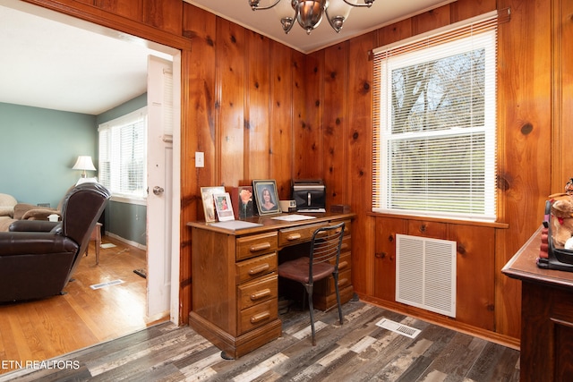 home office featuring dark hardwood / wood-style flooring, wood walls, and a chandelier