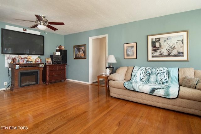 living room featuring ceiling fan and wood-type flooring