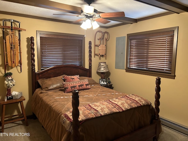 carpeted bedroom with ceiling fan, beam ceiling, and a baseboard heating unit