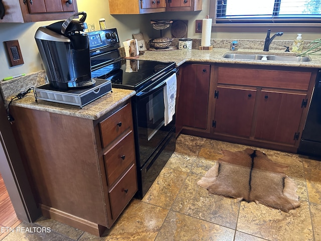 kitchen with light tile floors, electric range, dishwashing machine, and sink