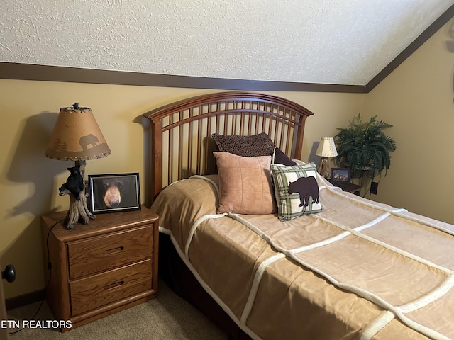 carpeted bedroom featuring lofted ceiling and a textured ceiling