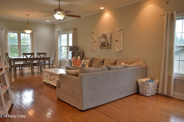 living room featuring wood-type flooring, ornamental molding, and ceiling fan