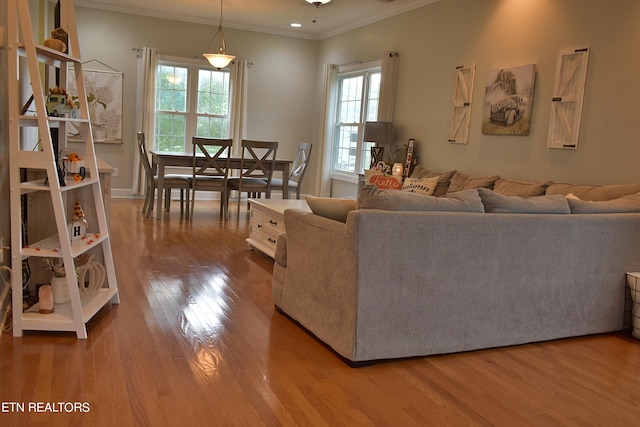 living room featuring ceiling fan, wood-type flooring, and ornamental molding