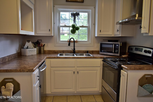 kitchen with sink, white cabinets, stainless steel appliances, and wall chimney exhaust hood