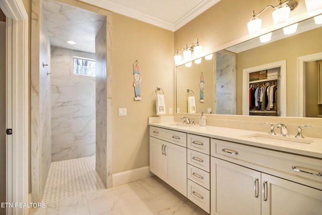 bathroom featuring large vanity, crown molding, tile floors, and dual sinks