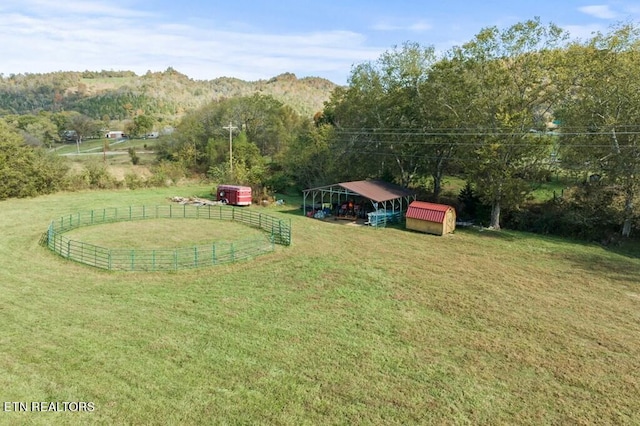 view of yard featuring a shed and a rural view