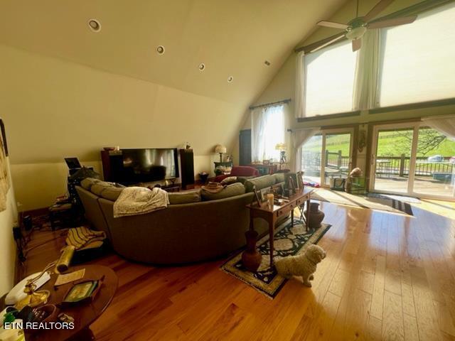 living room featuring ceiling fan, wood-type flooring, and a healthy amount of sunlight