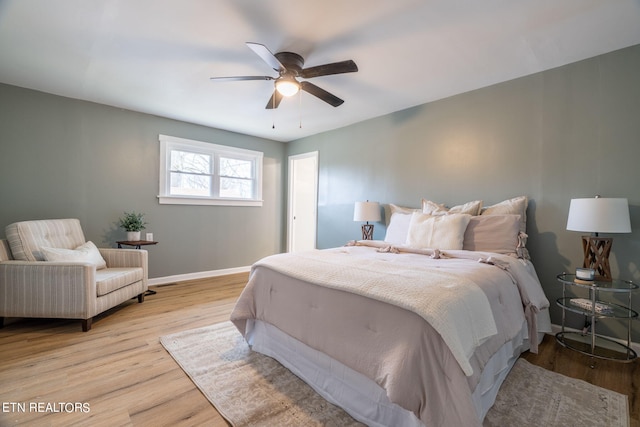 bedroom featuring ceiling fan and light hardwood / wood-style flooring