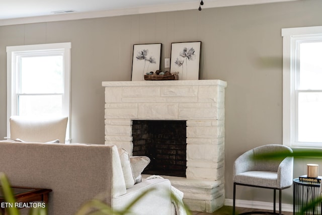 living room with a healthy amount of sunlight and a stone fireplace