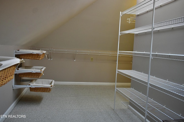 spacious closet featuring lofted ceiling and carpet floors