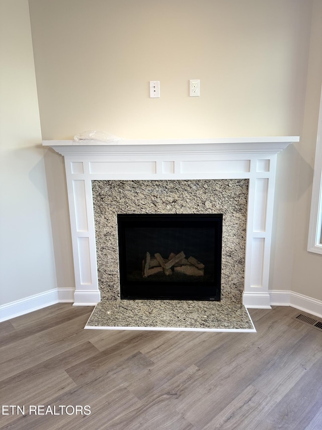 details with hardwood / wood-style floors and a premium fireplace