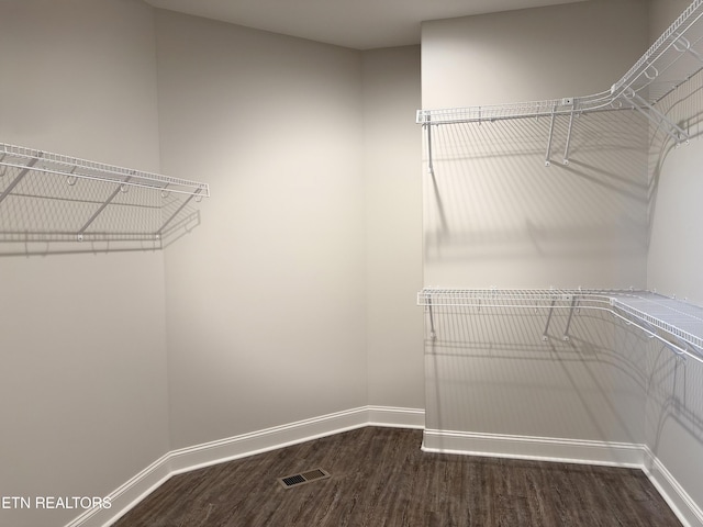 spacious closet with dark hardwood / wood-style flooring